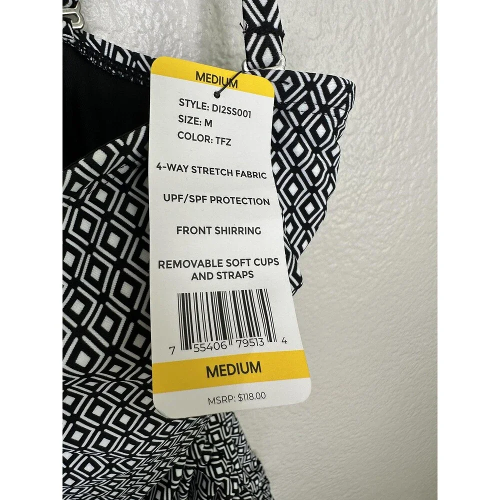 NEW DKNY Swimsuit Womens Medium Black White One Piece Geometric Stretch Ocean - Picture 5 of 7